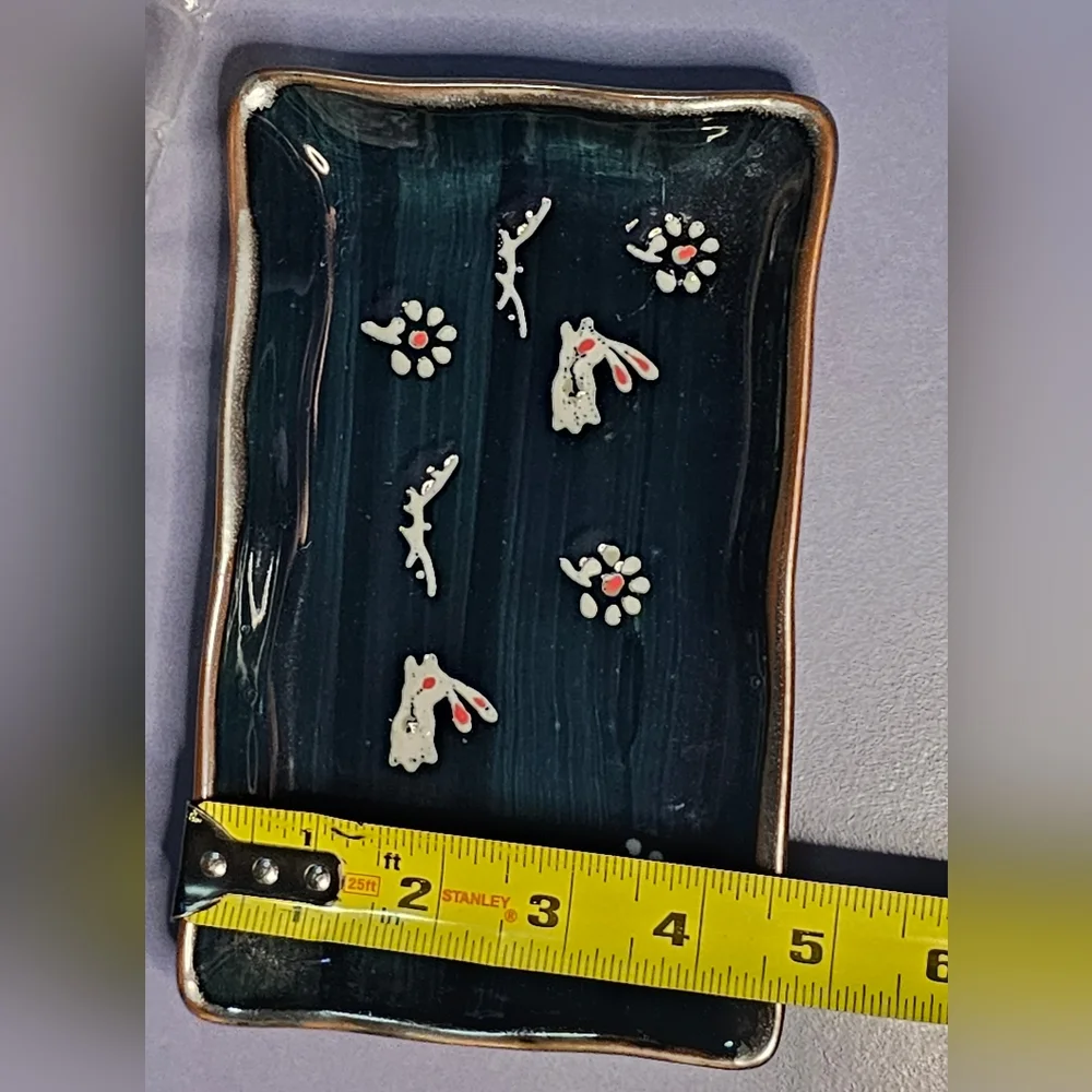 [Vintage Sushi Set] White Rabbits & Flowers on Dark Bluish/Green Ceramic…